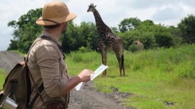 Genç gezgin haritaya bakıyor. Genç yürüyüşçü tek başına geziyor, erkek harita kullanıyor ve sırt çantası takıyor. Yaz turizmi, vahşi doğa. Sırt çantalı bir gezgin zürafanın yanında duruyor.