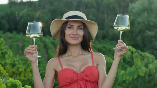 Χαρούμενη Γυναίκα Φόρεμα Που Κρατάει Δύο Ποτήρια Κρασί Στα Χέρια — Αρχείο Βίντεο