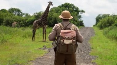Tourist On Kenya African Safari Adventure On Holiday Vacation. Wild Nature Of Search Lions And Giraffe. a tourist with a backpack and boots walks through the savannah in africa next to a giraffe