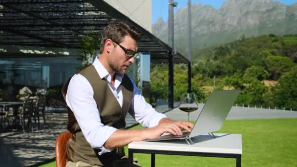 Businessman Working Laptop Male Freelancer Drinking Wine Wineglass American Professional — Video Stock