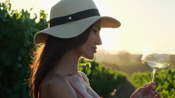 イタリアで赤ワインを楽しむ帽子の幸せな女性 彼女は海と山の美しい景色を見ている 赤いサンドレスの女性は夏休みです 美しい女性はワイングラスを飲み 楽しむ — ストック動画