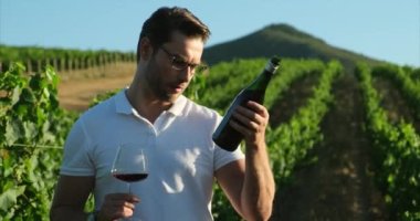 Authentic close up shot of successful male winemaker is pouring red wine in transparent glass for tasting a flavor and checking a quality on vineyards background at sunset. man with a bottle of wine