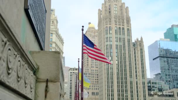 Ukrainian National Official Flag Usa Flag Flagpole Waving Wind Picturesque — Stockvideo