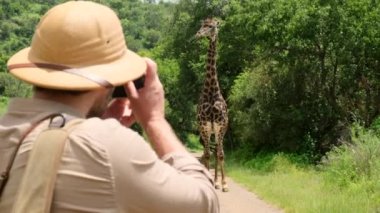 Tourist On Zanzibar African Safari Adventure On Holiday Vacation.Wild Nature Of Search Giraffe.Travel On Africa River Safari Adventure. a male traveler in safari clothes stands near a giraffe
