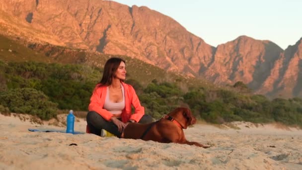 Silhouette Slim Woman Beach Beautiful Sunset Practice Yoga Breathing Techniques — Stok video