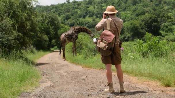 旅游桑给巴尔非洲萨法里度假探险 野生搜索性质的长颈鹿 在非洲河旅行萨法里探险 穿着狩猎服的男性旅行者站在长颈鹿旁边 — 图库视频影像