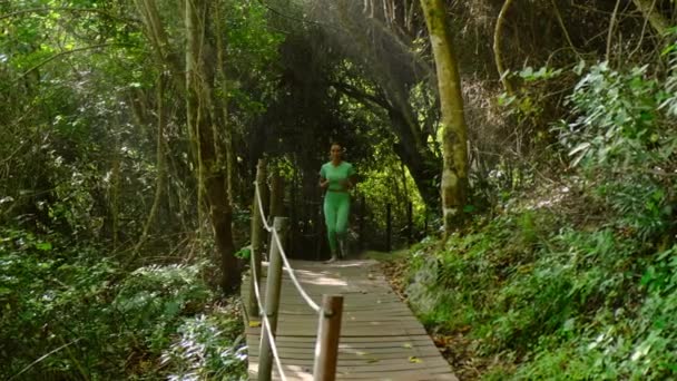 Wanita Aktif Berlari Saat Matahari Terbenam Luar Ruangan Pegunungan Wanita — Stok Video