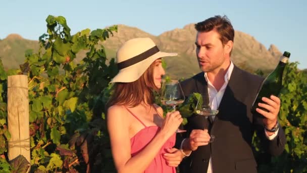 新婚旅行でイタリアのワイナリーでワインを飲むのが大好きです ワインを飲みながらワインを飲みながらワイン畑の屋外のダイニングテーブルに座っていると — ストック動画