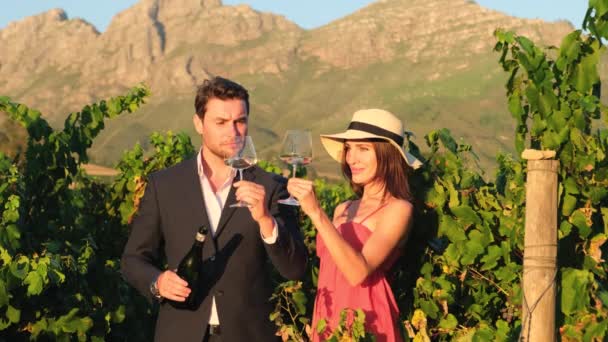 新婚旅行でフランスのワイナリーでワインを飲むのが大好きです ワインを飲みながらワインを飲みながらワイン畑の屋外のダイニングテーブルに座っていると — ストック動画