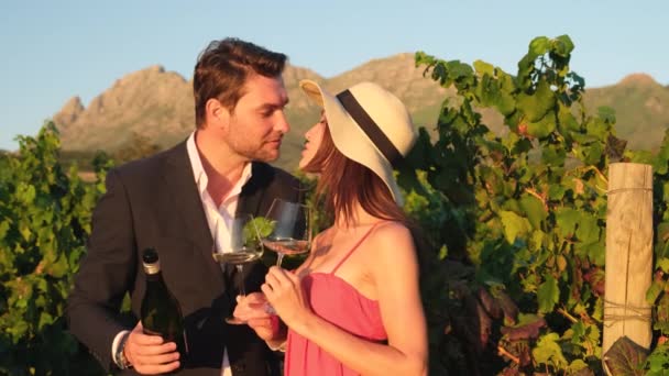 新婚旅行でフランスのワイナリーでワインを飲むのが大好きです ワインを飲みながらワインを飲みながらワイン畑の屋外のダイニングテーブルに座っていると — ストック動画