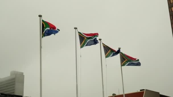 Čtyři Jihoafrické Vlajky Vlající Větru Proti Modré Obloze Jihoafrická Vlajka — Stock video