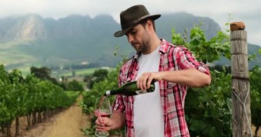 Şaraphanede takım elbiseli şık bir adam bardak ve bir şişe şarap tutuyor. Adam bir bardak gül şarabını tadıyor. Vintner, tarım girişimcisi, sahibi. Şarap tadımı yapan genç bir şarap garsonu.