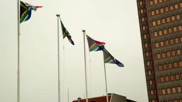 青い空に向かって風に揺れる南アフリカの4つの旗 霧の多い空に対する南アフリカの国旗 — ストック動画