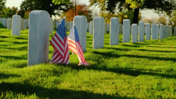 日落时的一片美国国旗 墓碑上的横幅 用以纪念公墓的纪念日 美国小国旗和墓碑在国家纪念日展出 — 图库视频影像