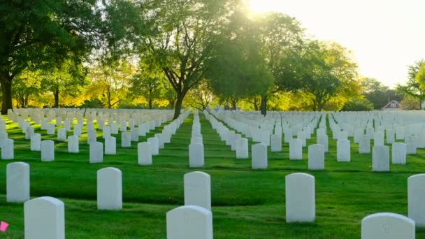 日落时的一片美国国旗 墓碑上的横幅 用以纪念公墓的纪念日 美国小国旗和墓碑在国家纪念日展出 — 图库视频影像