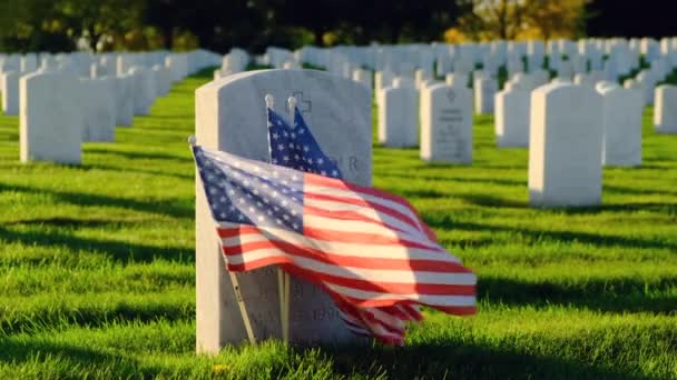 묘지에서 일몰에 국기와 미지의 베테랑 묘지와 — 비디오