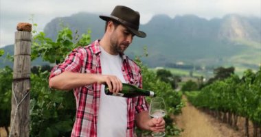 Şaraphanedeki ekose gömlekli bir erkek çiftçi elinde bir şişe şarapla. Bir şarap imalatçısı, dağların yakınındaki bir üzüm bağında şişeden şarap döker. Adam şarap içiyor.