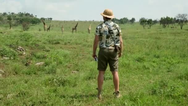アフリカのキリンと一緒にサファリを旅行するカメラを持つ男性の観光客 サバンナで大量のキリンが 草を食べている サファリの服の男が野生動物の写真を撮る — ストック動画