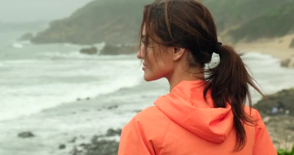 Piękna Kobieta Kości Policzkowych Patrzy Ocean Cieszy Się Widokiem Podczas — Wideo stockowe