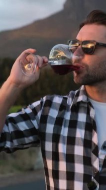 Üzüm bağı tarlasında elinde kırmızı şarap kadehi tutan bir adam. Bir bardak şarapla. Şaraphane turunda şarap tatma turu. Dikey bir üzüm bağında elinde bir kadeh kırmızı şarap tutan bir adam.