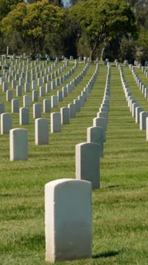 2. Dünya Savaşı Amerikan askeri mezarlığı. Yazın Amerikan gazi mezarlığı. Los Angeles Ulusal Mezarlığı 'nda Anma Günü. ABD Savaş Ölüleri Anma Günü
