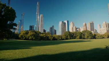 Central Park 'ta sonbahar. ABD, New York Eyaleti, New York Şehri, Manhattan ufuk çizgisi ve Central Park ön planda. Amerika 'nın en ünlü yerleri..