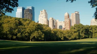 Central Park 'ta sonbahar. ABD, New York Eyaleti, New York Şehri, Manhattan ufuk çizgisi ve Central Park ön planda. Amerika 'nın en ünlü yerleri..