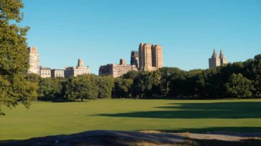 Central Park 'ta sonbahar. ABD, New York Eyaleti, New York Şehri, Manhattan ufuk çizgisi ve Central Park ön planda. Amerika 'nın en ünlü yerleri..