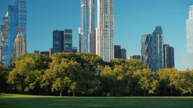 Central Park 'ta sonbahar. ABD, New York Eyaleti, New York Şehri, Manhattan ufuk çizgisi ve Central Park ön planda. Amerika 'nın en ünlü yerleri..