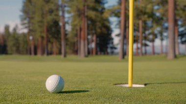 Yeşil sahadaki beyaz golf topu fotokopi uzayı ile aydınlık bir günde bulanık golf sahasında çekilecek. Spor, eğlence sektörü. Golf topu ve golf sopası yeşil çimlerin üzerinde.