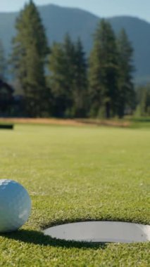 Yeşil sahadaki beyaz golf topu fotokopi uzayı ile aydınlık bir günde bulanık golf sahasında çekilecek. Spor, eğlence sektörü. Golf topu ve golf sopası yeşil çimlerin üzerinde.