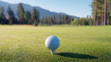 Yeşil sahadaki beyaz golf topu fotokopi uzayı ile aydınlık bir günde bulanık golf sahasında çekilecek. Spor, eğlence sektörü. Golf topu ve golf sopası yeşil çimlerin üzerinde.