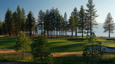 Gün batımında güzel bir golf sahası. Gün batımında yemyeşil çim yolu, yeşil ve kum deposu üzerindeki panoramik manzara. Golf sahası sporu, yeşil çimenler ve golf arabasındaki ağaçlar.