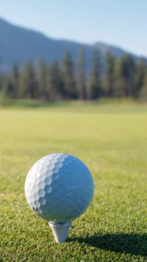 Yeşil sahadaki beyaz golf topu fotokopi uzayı ile aydınlık bir günde bulanık golf sahasında çekilecek. Spor, eğlence sektörü. Golf topu ve golf sopası yeşil çimlerin üzerinde.