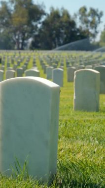 Amerikan savaş mezarlığı anma günü. Sunny Day 'in altında mavi gökyüzüyle ABD Bayrakları. Amerikan savaş mezarlığı, çiçeklerle süslenmiş, askerlere dokunaklı bir övgü yansıtıyor.