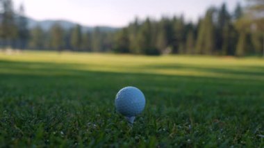 Yeşil sahadaki beyaz golf topu fotokopi uzayı ile aydınlık bir günde bulanık golf sahasında çekilecek. Spor, eğlence sektörü. Golf topu ve golf sopası yeşil çimlerin üzerinde.