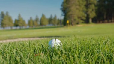 Yeşil sahadaki beyaz golf topu fotokopi uzayı ile aydınlık bir günde bulanık golf sahasında çekilecek. Spor, eğlence sektörü. Golf topu ve golf sopası yeşil çimlerin üzerinde.