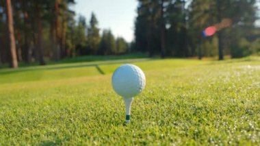 Yeşil sahadaki beyaz golf topu fotokopi uzayı ile aydınlık bir günde bulanık golf sahasında çekilecek. Spor, eğlence sektörü. Golf topu ve golf sopası yeşil çimlerin üzerinde.