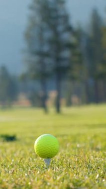 Yeşil sahadaki beyaz golf topu fotokopi uzayı ile aydınlık bir günde bulanık golf sahasında çekilecek. Spor, eğlence sektörü. Golf topu ve golf sopası yeşil çimlerin üzerinde.