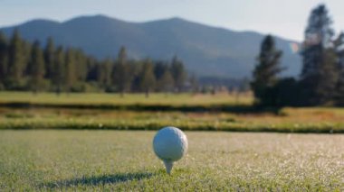 Yeşil sahadaki beyaz golf topu fotokopi uzayı ile aydınlık bir günde bulanık golf sahasında çekilecek. Spor, eğlence sektörü. Golf topu ve golf sopası yeşil çimlerin üzerinde.