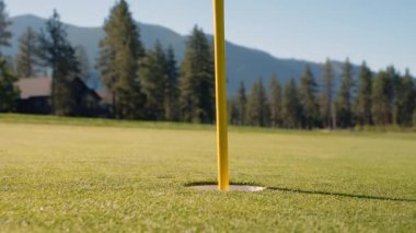 Golf sopası ve top çimlerde. Golf topu yeşilde. Top bardakta. Yeşil çimlerin üzerinde golf sopası ve topunun yakın çekimi gün batımında sakin bir golf sahasının özünü yakalıyor.