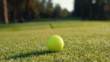 Yeşil sahadaki beyaz golf topu fotokopi uzayı ile aydınlık bir günde bulanık golf sahasında çekilecek. Spor, eğlence sektörü. Golf topu ve golf sopası yeşil çimlerin üzerinde.