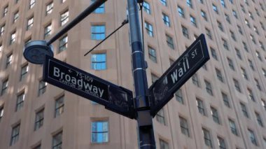 Broadway ve Wall Street tabelası, New York, ABD. Wall Street ve Broadway. Taksi caddesi, ticari reklamların yoğun bir turist kavşağı ve New York ve ABD 'nin ünlü bir caddesi.