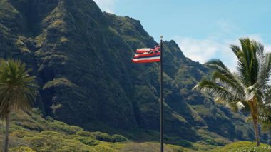 Hawaii bayrağı Bağımsızlık Günü 'nde gururla duruyor. Manzara vatanseverliği, kutlamaları ve milli birliği vurguluyor. Dağlar ve palmiye ağaçları tropikal atmosfer ve Amerikan ada kültürünü gösteriyor.