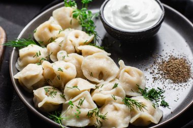 Ekşi kremalı hamur tatlısı ve siyah tabakta otlar. Etli börek.