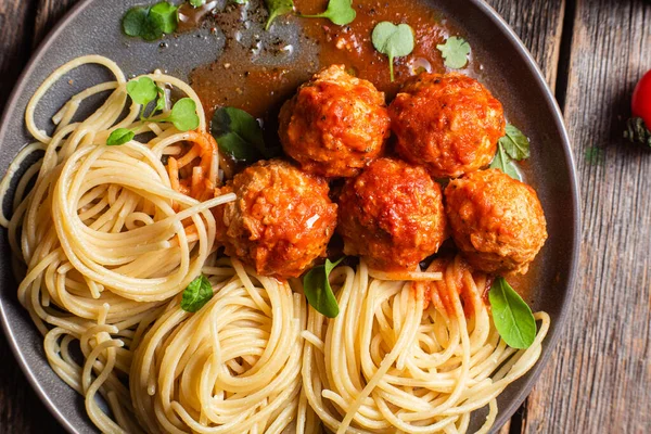 Pasta Meatballs Sauce Plate Wooden Table — Stock Photo, Image