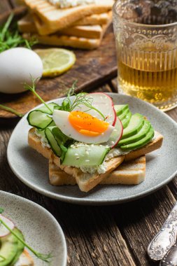 Krem peynirli, yumurtalı, avokadolu, salatalıklı ve turplu tost.