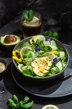 Yeşillik, avokado ve salatalık salatası. Yemek tasarımı.