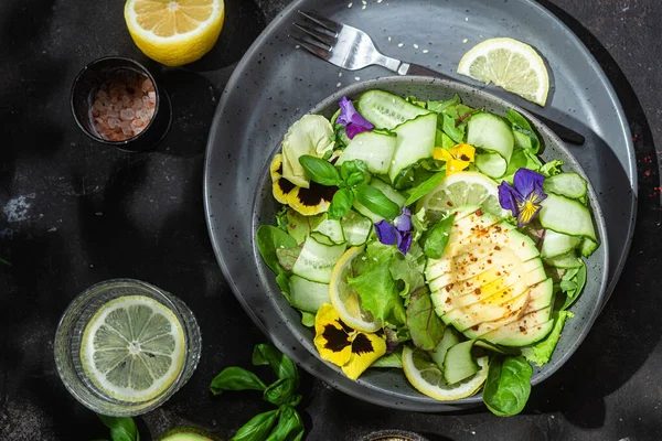 Yeşillik, avokado ve salatalık salatası. Yemek tasarımı.