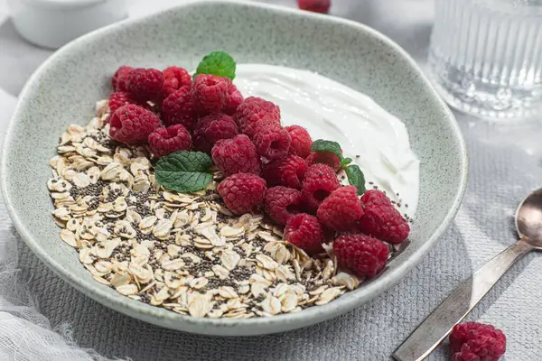 Oatmeal Yogurt Raspberries Chia — Stock Photo, Image